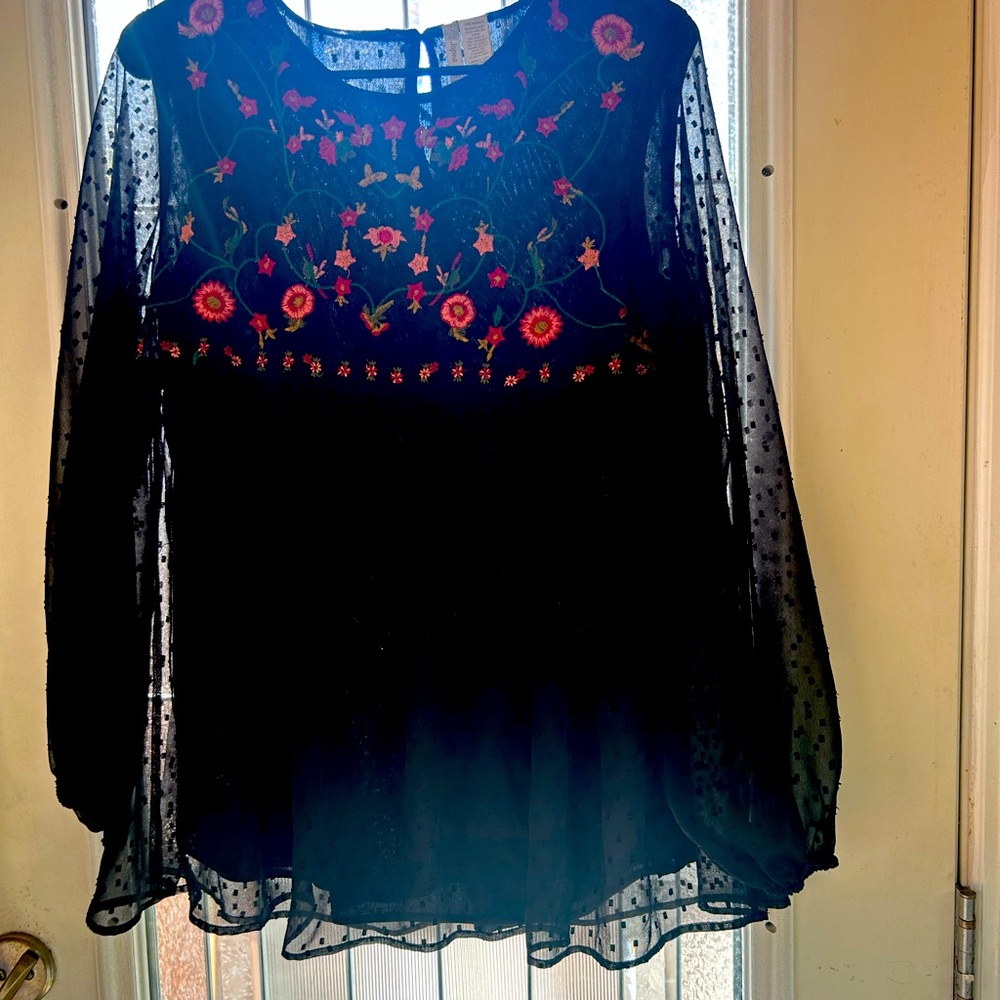 Black full sleeve blouse with floral embroidery